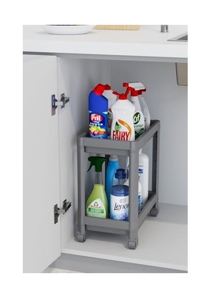 2 Katlı Tekerlekli Düzenleyici Raf, Banyo Dolabı, Mutfak Tezgah ve Evye Altı