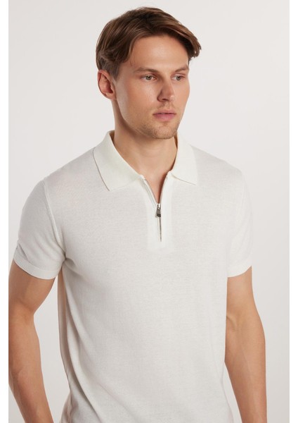 Erkek Slim Fit Dar Kesim Pamuklu Örme Triko Fermuarlı Beyaz Polo Yaka Tişört