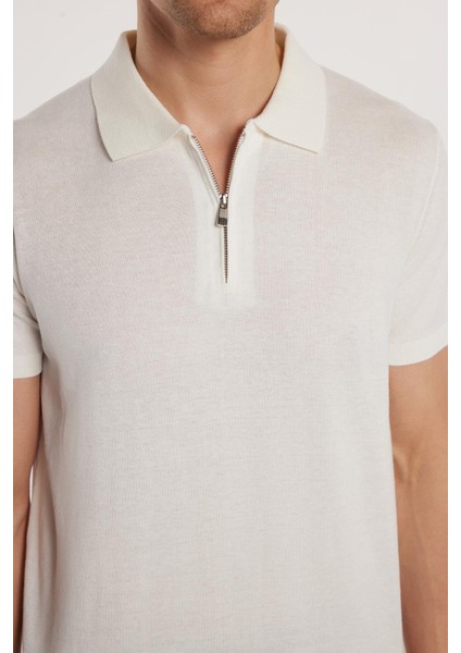 Erkek Slim Fit Dar Kesim Pamuklu Örme Triko Fermuarlı Beyaz Polo Yaka Tişört modelleri