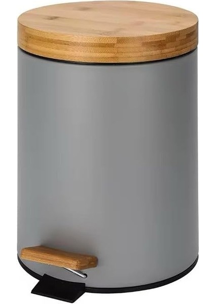 Bambu Kapaklı Metal Çöp Kovası - Hidrolik Sistemli Yavaş Kapanma Özellikli, Pedallı, Banyo ve Mutfak Için Şık ve Fonksiyonel Tasarım (Gri, 5 Litre)