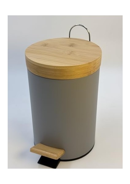 Bambu Kapaklı Metal Çöp Kovası - Hidrolik Sistemli Yavaş Kapanma Özellikli, Pedallı, Banyo ve Mutfak Için Şık ve Fonksiyonel Tasarım (Gri, 5 Litre)