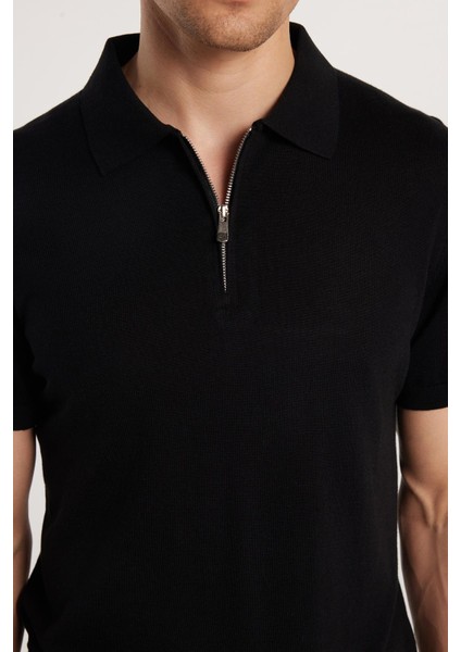 Erkek Slim Fit Dar Kesim Pamuklu Örme Triko Fermuarlı Siyah Polo Yaka Tişört modelleri