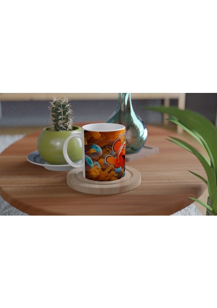 Turuncu Mercanlar Arasında Neşeli Palyaço Balığı Baskılı Kupa Bardak modelleri