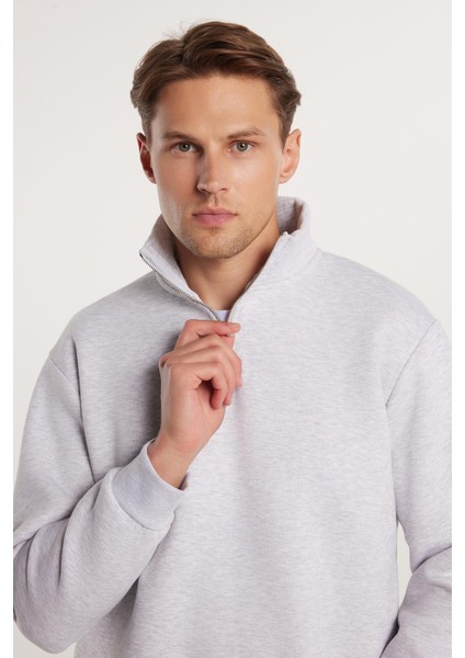 Unisex Relax Fit Rahat Kesim Pamuklu Içi Polarlı Yarım Fermuarlı Gri Dik Yaka Sweatshirt