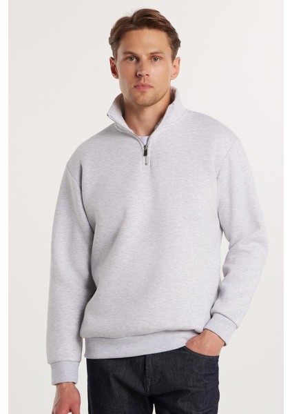 Unisex Relax Fit Rahat Kesim Pamuklu Içi Polarlı Yarım Fermuarlı Gri Dik Yaka Sweatshirt fiyatları