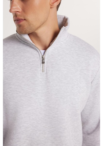 Unisex Relax Fit Rahat Kesim Pamuklu Içi Polarlı Yarım Fermuarlı Gri Dik Yaka Sweatshirt modelleri