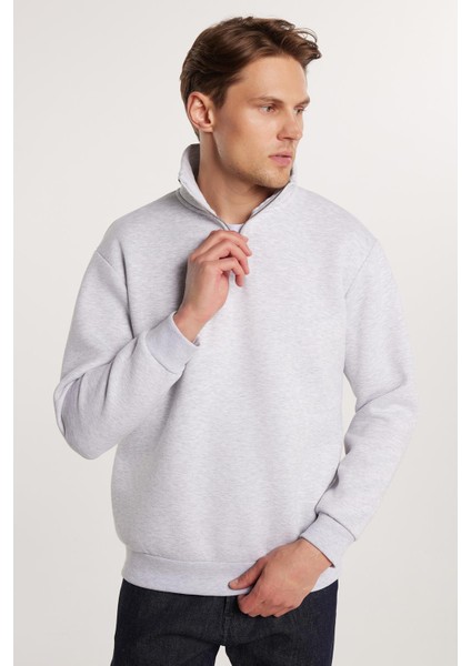 Unisex Relax Fit Rahat Kesim Pamuklu Içi Polarlı Yarım Fermuarlı Gri Dik Yaka Sweatshirt fırsatları