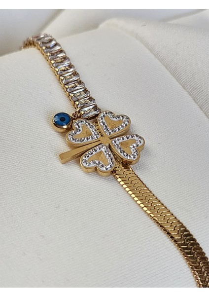 Su Yolu Yonca Italyan Bileklik Çelik Zirkon Taşlı Gold indirimleri