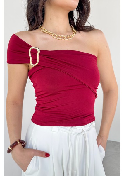 BLZ-06283 Bordo Gold Toka Detaylı Yan Büzgülü Straplez Bluz fırsatları