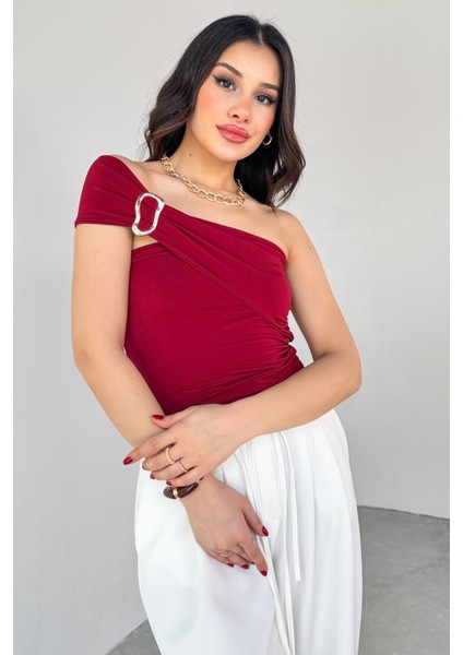 BLZ-06283 Bordo Gold Toka Detaylı Yan Büzgülü Straplez Bluz indirimleri