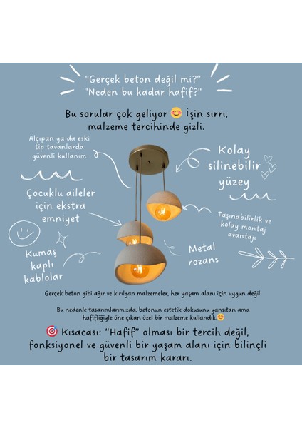 Beton Görünümlü Iskandinav &bohem Tarz 3’lü Sarkıt Avize -Profesyonel Tasarım,gün Işığı Ampul Içerir