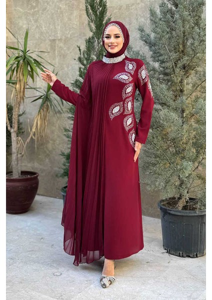 Taş Detaylı Pelerinli Elbise 3938 Bordo