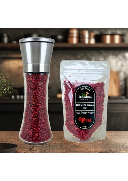 Kırmızı Tane Karabiber 80GR + Metal Seramik Bıçaklı Baharat ve Tuz Öğütücü (Tuz Değirmeni) Dolu