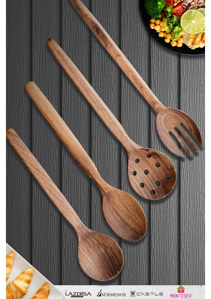 Doğal Ceviz Ağacı Ahşap Tahta Kaşık Spatula Kevgir Çatal Seti Ağaç Kaşık (4 Lü Set) Mta2