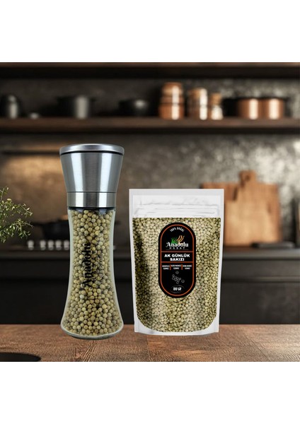 Beyaz Tane Karabiber 100GR + Metal Seramik Bıçaklı Baharat ve Tuz Öğütücü 130GR(TUZ Değirmeni) Dolu