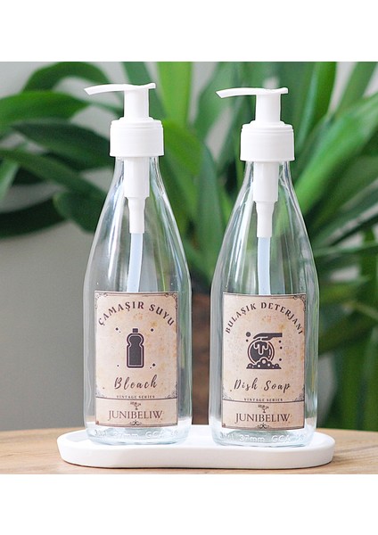 3lü Set Vintage Suya Dayanıklı Etiket Boş Cam Bulaşık Deterjanlık Çamaşır Suyu 2X330ML +Beyaz Altlık