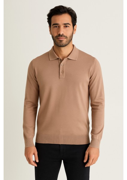 Saf Pamuk Camel Polo Yaka Triko Kazak