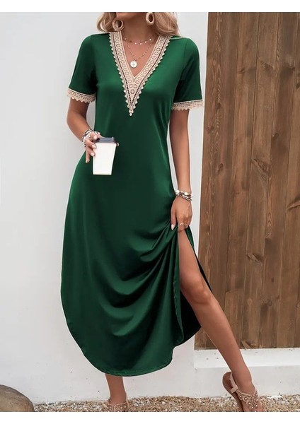 Aknbutik Kadın Kısa Kollu Dantel V Yakalı Uzun Viskon Elbise modelleri