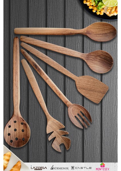 Doğal Ceviz Ağacı Ahşap Tahta Kaşık Spatula Kevgir Çatal Seti Ağaç Kaşık (6 Lı Set) Mta8