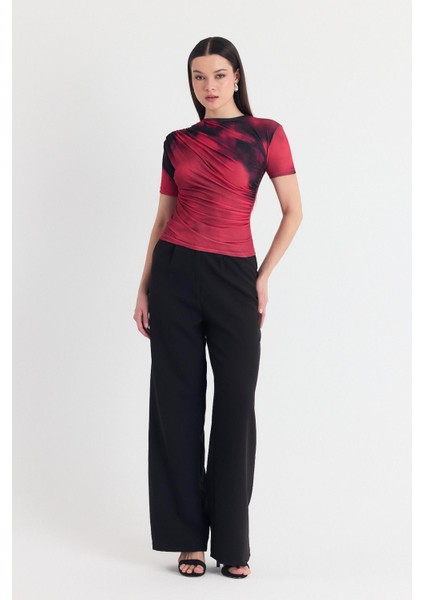 Bordo Desenli Büzgülü Sandy Bluz 12303 fiyatları