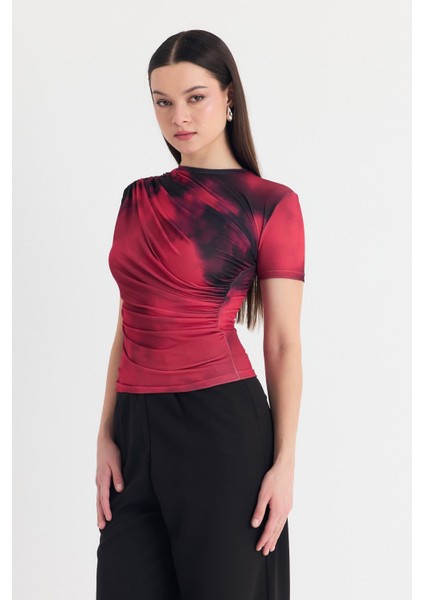 Bordo Desenli Büzgülü Sandy Bluz 12303