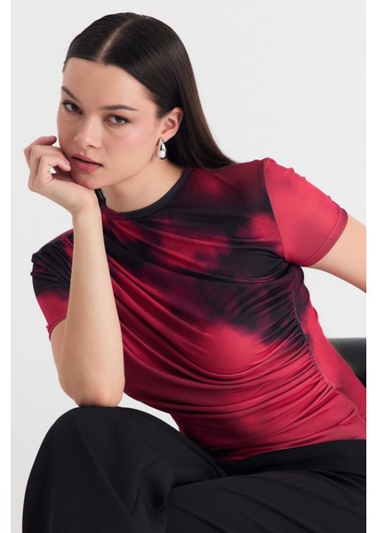 Bordo Desenli Büzgülü Sandy Bluz 12303 modelleri