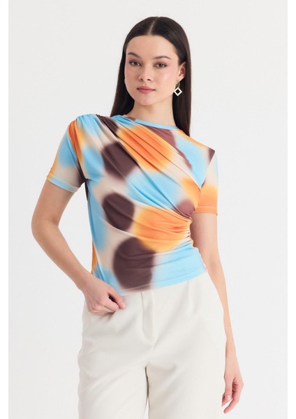 Sarı Desenli Büzgülü Sandy Bluz 12303