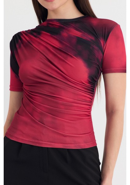 Bordo Desenli Büzgülü Sandy Bluz 12303 fırsatları