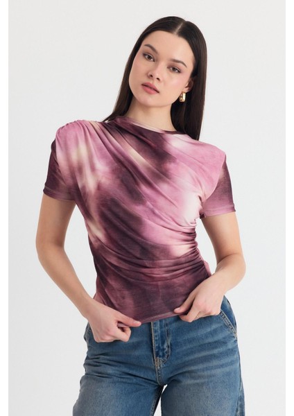 Pembe Desenli Büzgülü Sandy Bluz 12303