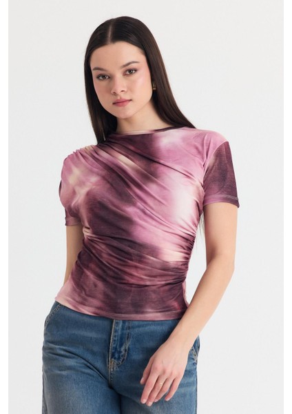 Pembe Desenli Büzgülü Sandy Bluz 12303 modelleri