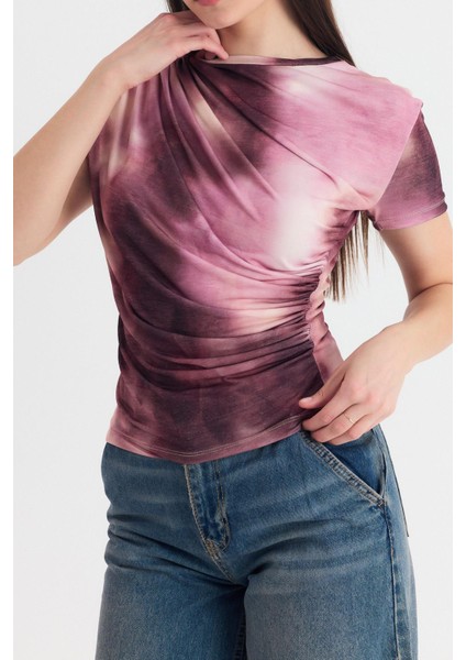 Pembe Desenli Büzgülü Sandy Bluz 12303 fırsatları