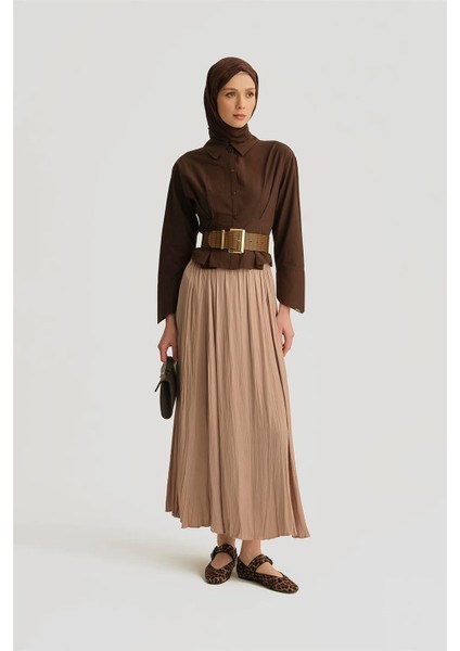 Kırışık Saten Etek 25YH5601 Bej