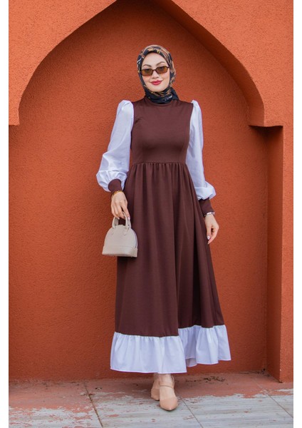 Jade Beyaz Garnili Elbise-Kahve