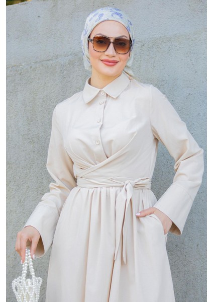 Ispanyol Kol Detaylı Cotton Elbise-Bej fiyatları