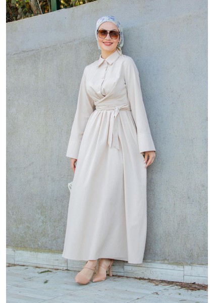 Ispanyol Kol Detaylı Cotton Elbise-Bej fırsatları