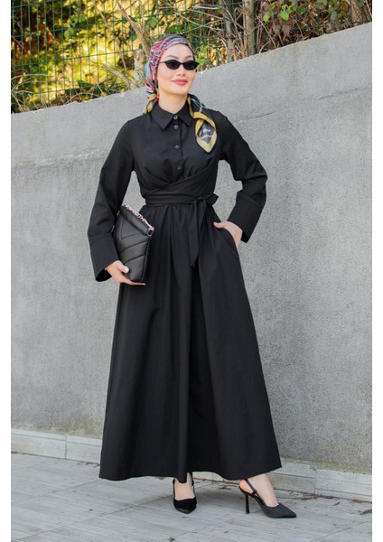 Ispanyol Kol Detaylı Cotton Elbise-Siyah
