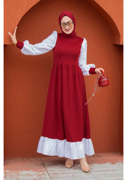 Jade Beyaz Garnili Elbise-Bordo