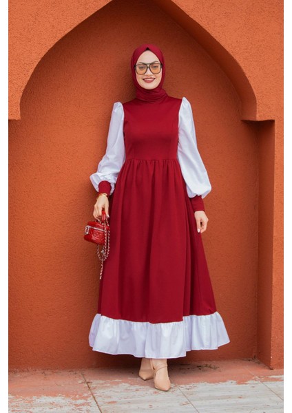 Jade Beyaz Garnili Elbise-Bordo fırsatları