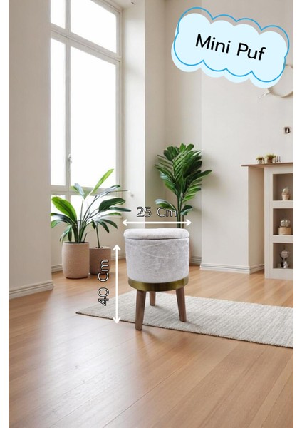 Mini Bej Krem Baby Puf Kadife Kumaş Dekoratif Sandıklı Ahşap Ayaklı 40x25 Cm