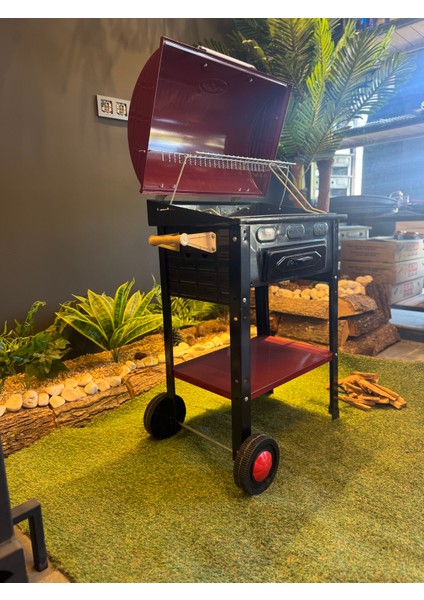 Kapaklı Barbekü Tekerlekli kırmızı ve siyah renk lüks mangal