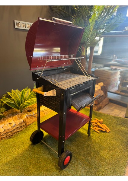 Kapaklı Barbekü Tekerlekli kırmızı ve siyah renk lüks mangal