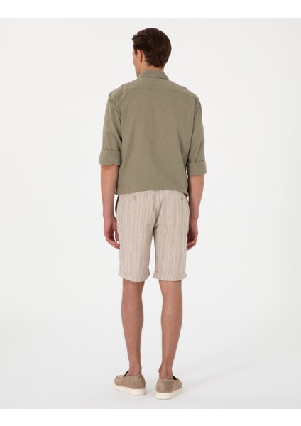 Erkek Haki Slim Fit Keten Karışımlı Çizgili Dokuma Şort 50301806-VR027