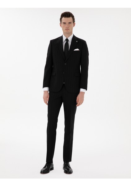 Erkek Siyah Slim Fit Çizgili Yün Takım Elbise 50302430-VR046
