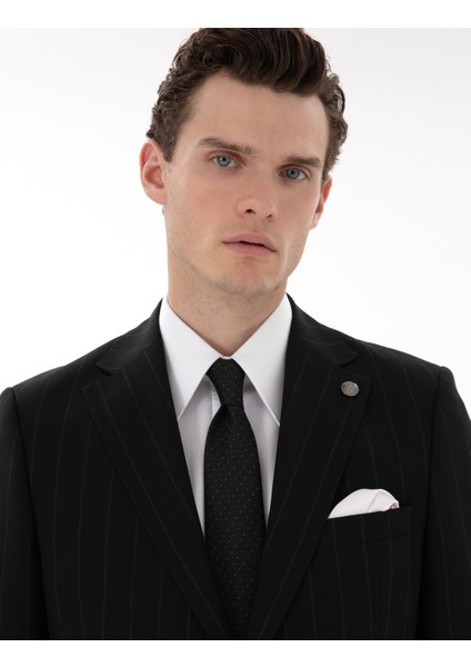 Erkek Siyah Slim Fit Çizgili Yün Takım Elbise 50302430-VR046