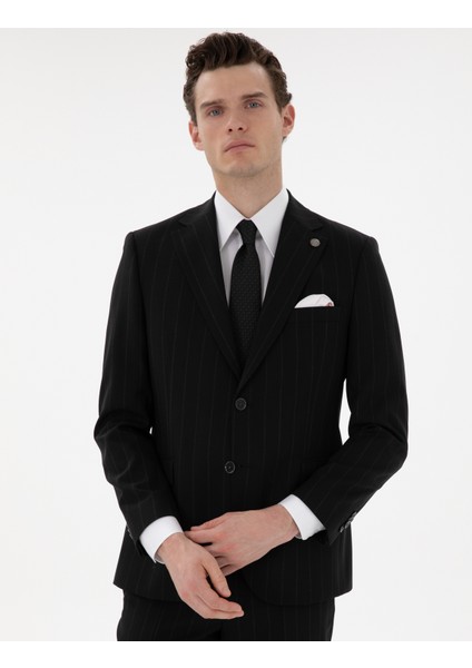 Erkek Siyah Slim Fit Çizgili Yün Takım Elbise 50302430-VR046