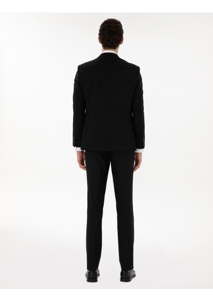 Erkek Siyah Slim Fit Çizgili Yün Takım Elbise 50302430-VR046