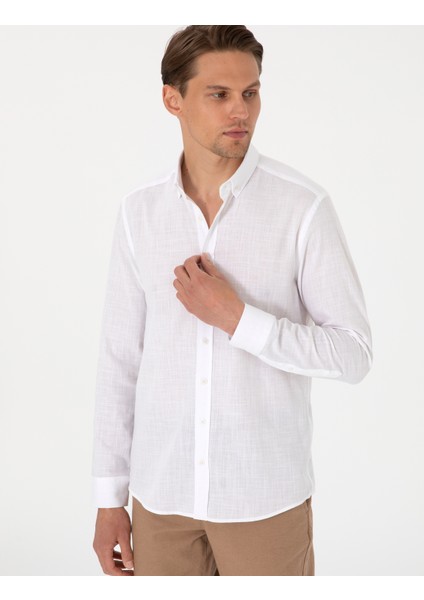 Erkek Beyaz Keten Görünümlü Slim Fit Uzun Kollu Gömlek 50307025-VR013 modelleri