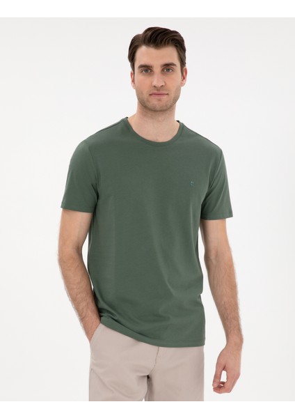 Erkek Haki %100 Pamuk Slim Fit Bisiklet Yaka Basic Tişört 50306980-VR027