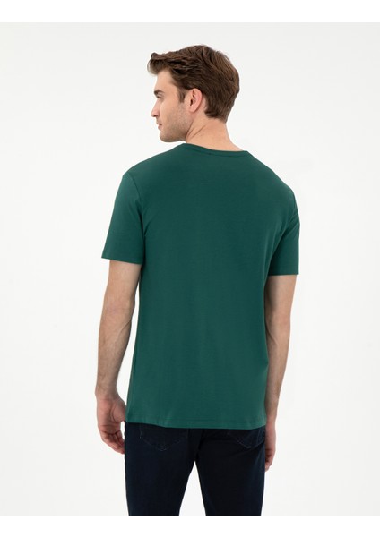 Erkek Koyu Yeşil %100 Pamuk Slim Fit Bisiklet Yaka Basic Tişört 50306980-VR079 indirimleri
