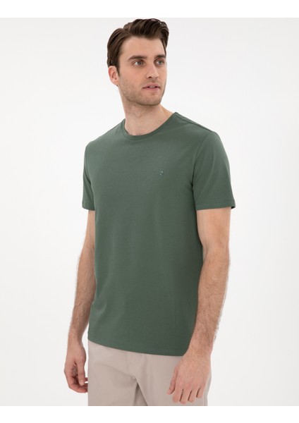 Erkek Haki %100 Pamuk Slim Fit Bisiklet Yaka Basic Tişört 50306980-VR027 modelleri
